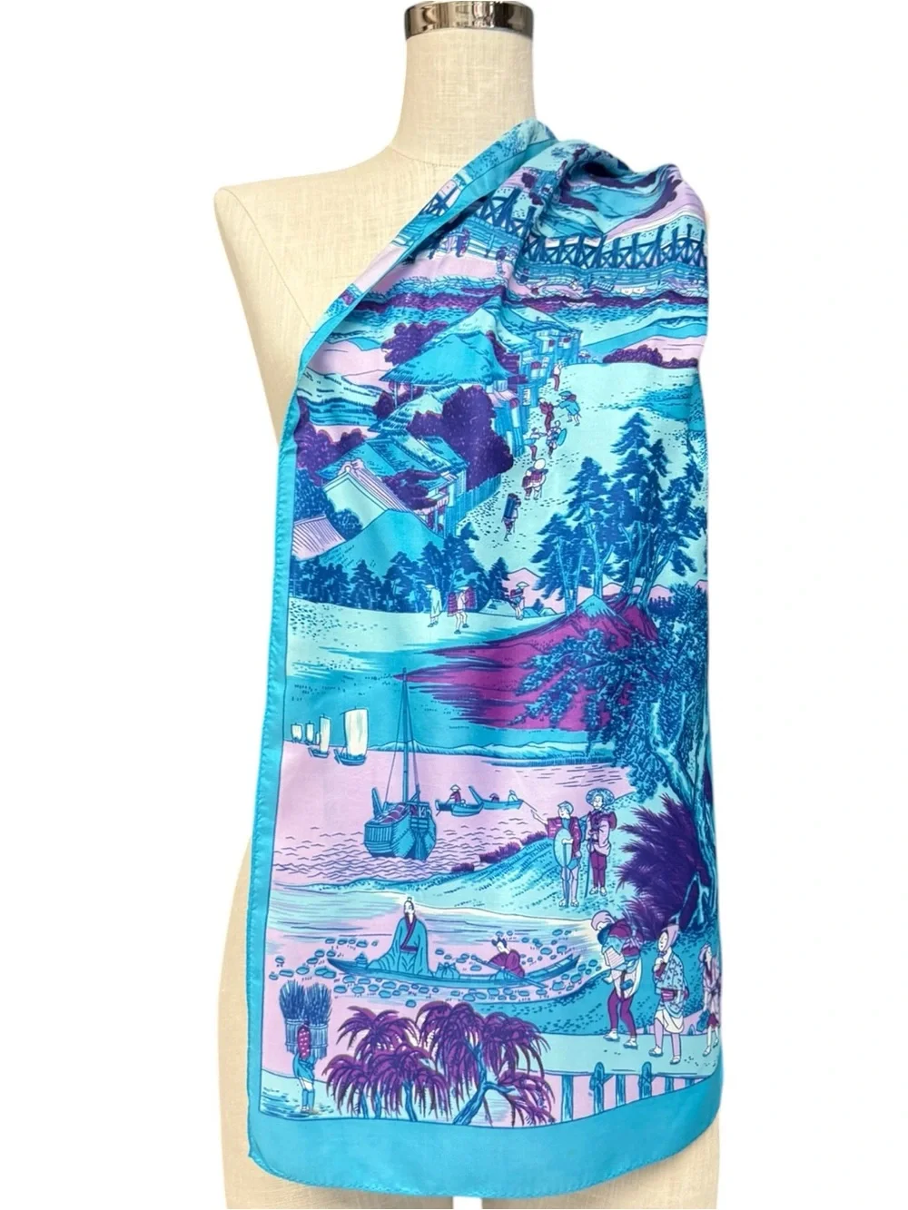 Vintage Asian Scenic Silk Blend Scarf Blue Purple Fishing Town Landscape Scene